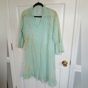 Soft Surroundings Marbella Dress Pintuck Ruffled Tie Dye Green Womens Medium